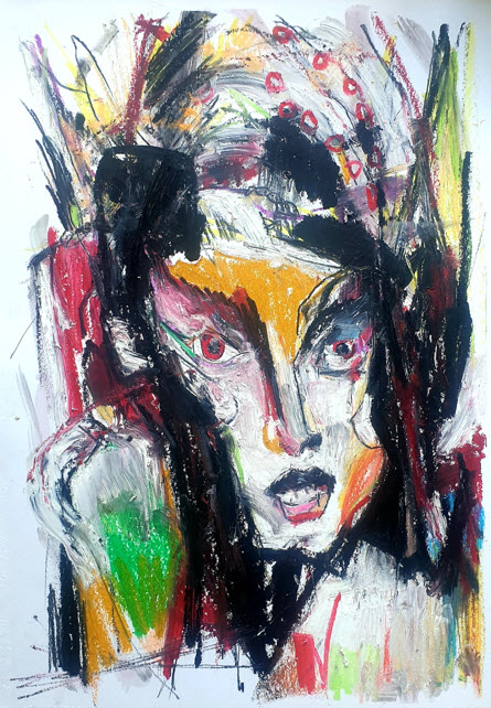 Portrait expressionniste — figure au regard rouge, technique mixte sur papier, par Jérôme Selosse, artiste peintre à Bruxelles.