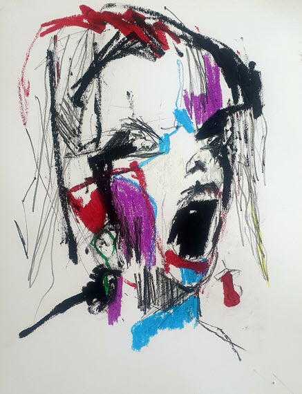 Le Cri — portrait hurlant, technique mixte sur papier, par Jérôme Selosse, artiste peintre à Bruxelles.