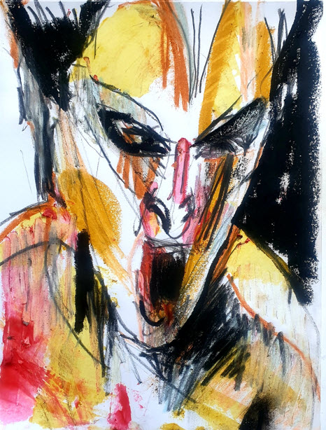 Le Cri — visage hurlant, technique mixte sur papier A4, par Jérôme Selosse, artiste peintre à Bruxelles.