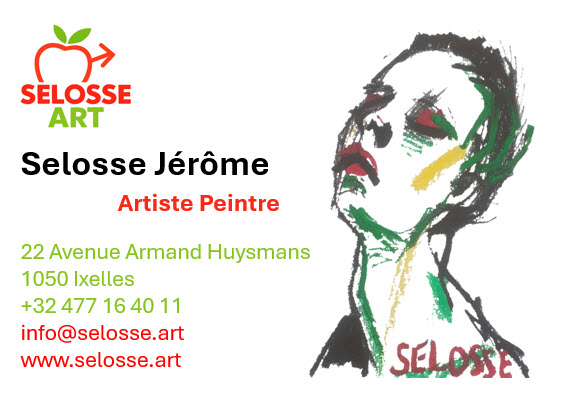 Carte de visite de Jérôme Selosse — artiste peintre et dessinateur à Bruxelles, logo Selosse Art et croquis de visage.