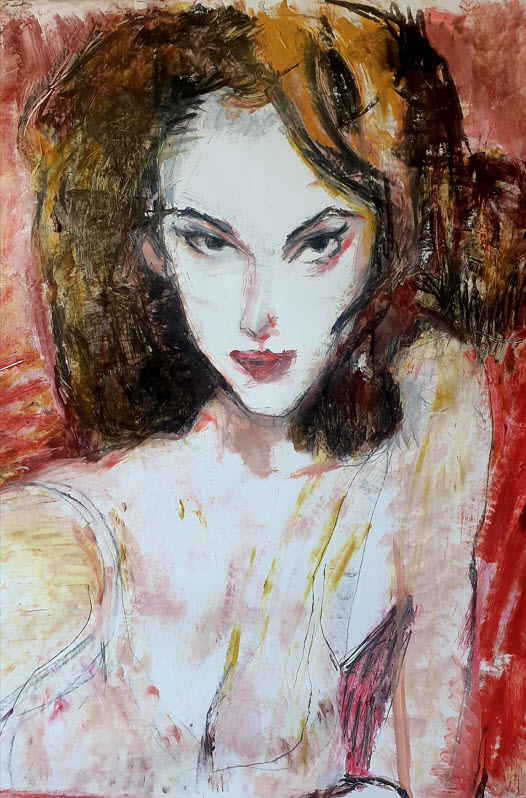 Portrait expressionniste d’une femme au regard intense, cheveux bruns, tons rouges et ocres, technique mixte, série « La Séduction » par Jérôme Selosse, artiste bruxellois.
