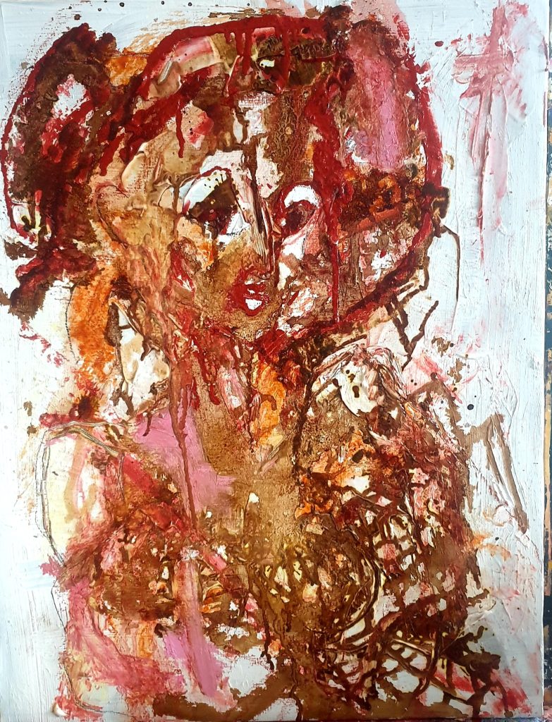 Contemporary painting of a woman with organic, henna-like textures in reds, browns and pinks — by Jérôme Selosse, Expressionist Painter in Brussels.