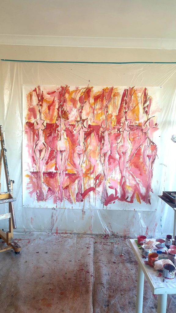 Atelier de l’artiste à Ixelles : grande toile expressionniste en cours (rose/jaune), Jérôme Selosse, Bruxelles, 2025.