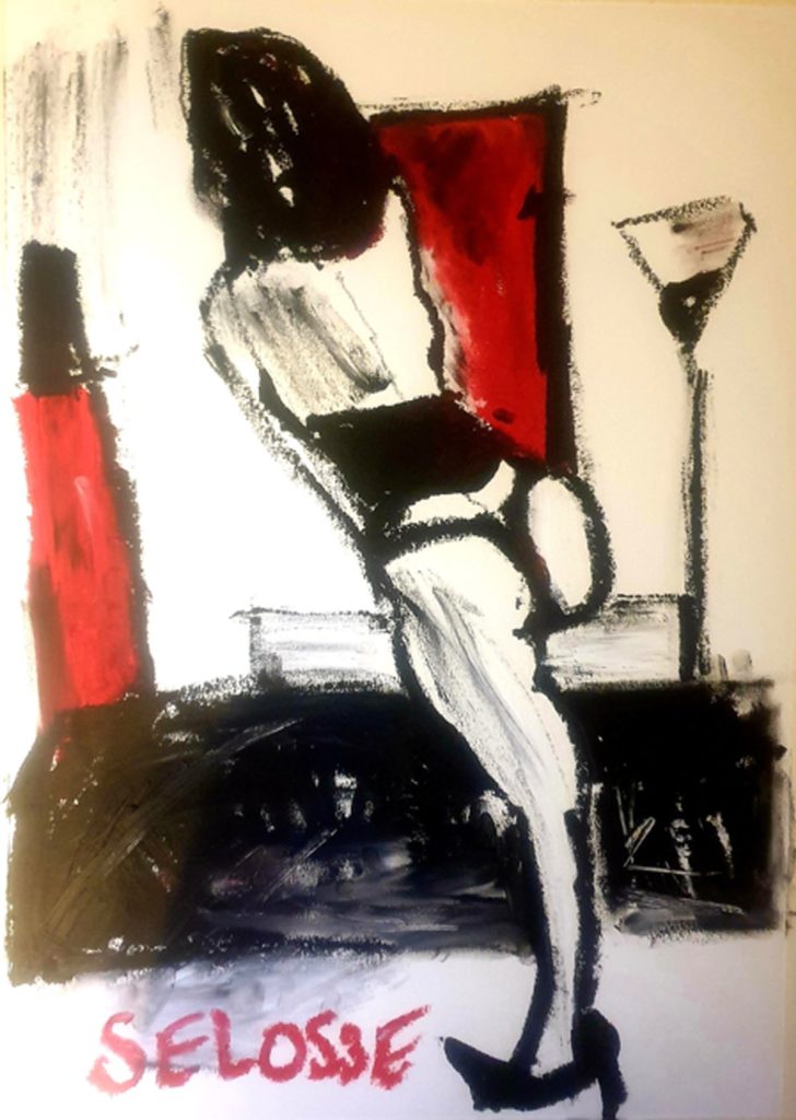 BBT — huile sur papier A2 par Jérôme Selosse : figure féminine de dos, trait noir énergique, aplats rouges, style expressionniste (Bruxelles).