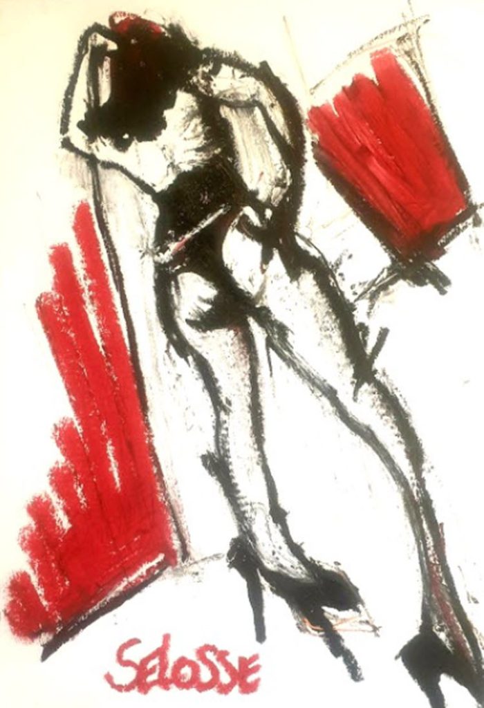 BBT — huile sur papier A3 par Jérôme Selosse : figure féminine debout, trait noir énergique et aplats rouges, style expressionniste (Bruxelles).