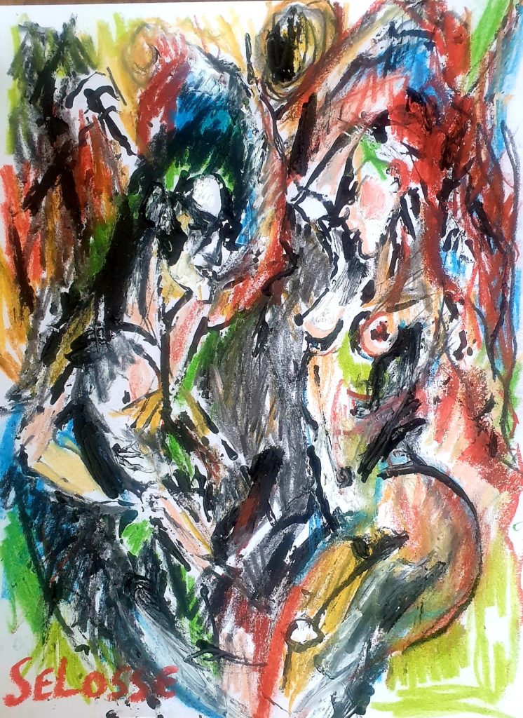 Urban dance — two intertwined figures in motion, ink with vivid colors on A4 paper by Jérôme Selosse (Brussels).