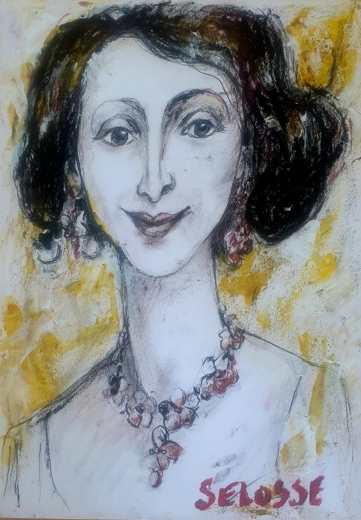 Portrait of a woman with floral necklace and dark hair on a warm yellow background — oil/drawing on A2 paper by Jérôme Selosse (Brussels).
