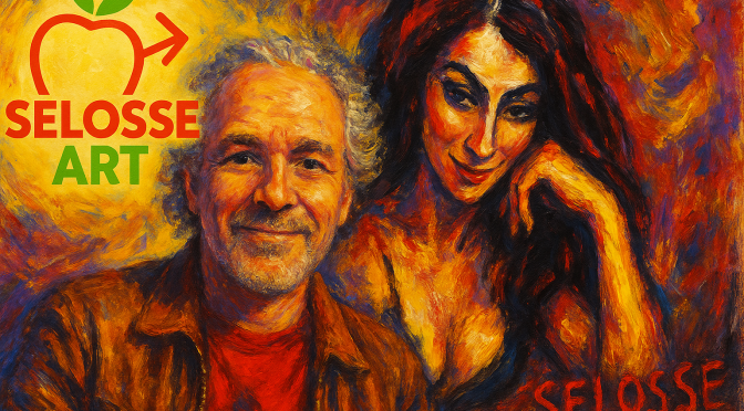Jerome Selosse – Expressionist Painter in Brussels — vibrant portrait alongside a muse, warm red/yellow palette with Selosse Art logo.