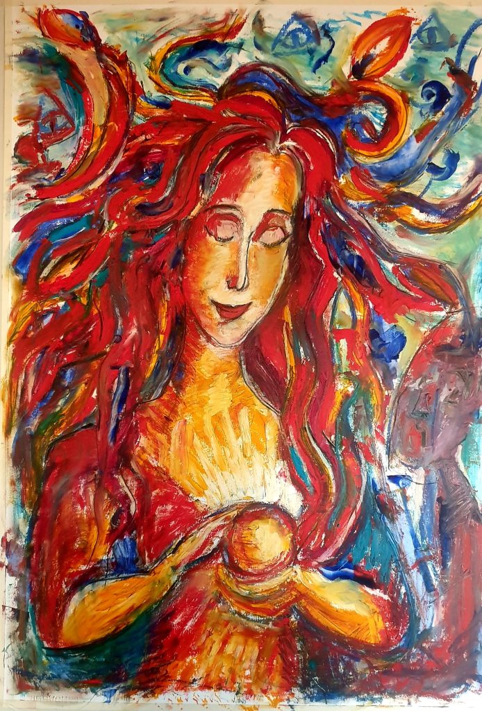 Woman with flowing red hair holding a glowing sphere, surrounded by eye-like totems and primitive signs — expressionist oil/mixed media by Jérôme Selosse (Brussels).