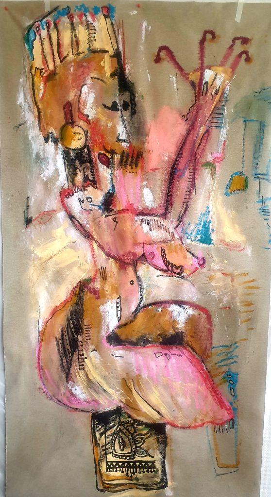 Totemic apparition — expressionist figure with tribal/ornamental marks in ochre, pink and black; oil/mixed media on canvas by Jérôme Selosse (Brussels).