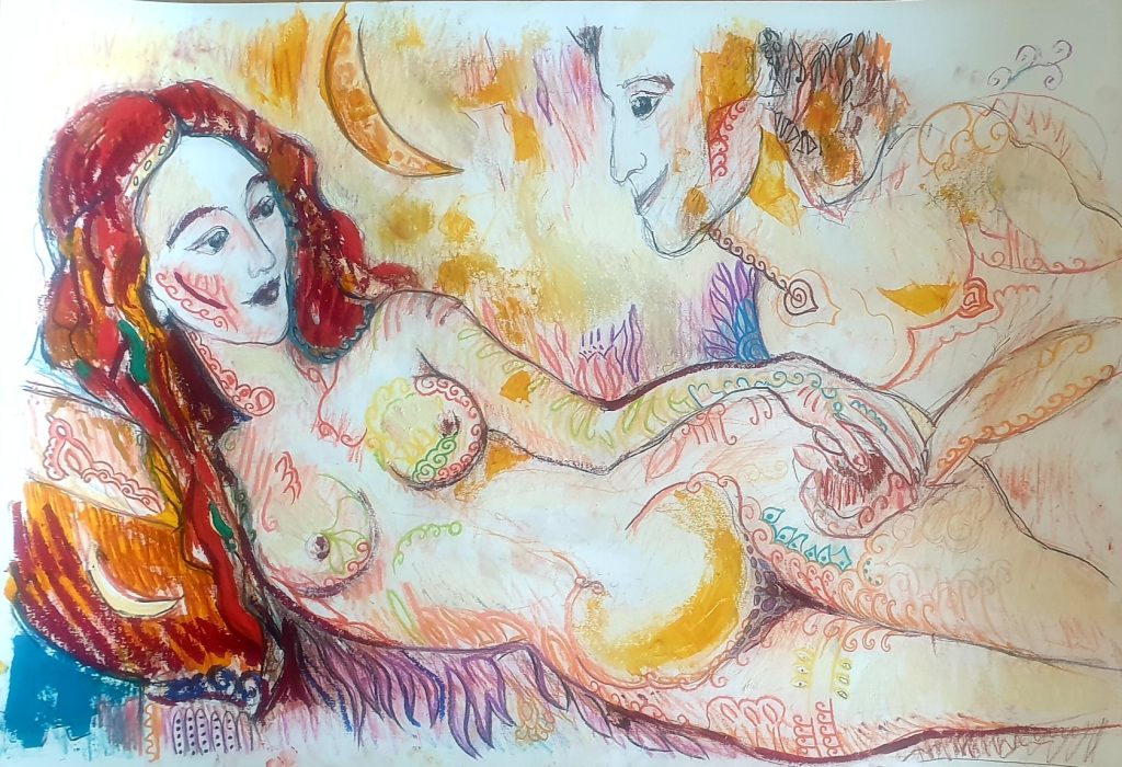 Expressionist couple — red-haired woman with ornamental/henna-like motifs leaning toward a partner; warm palette; oil/pastel on paper by Jérôme Selosse (Brussels).