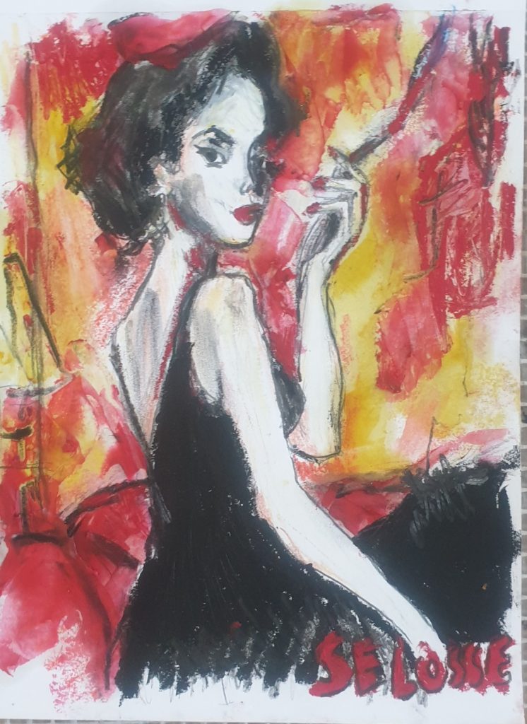 Expressionist study — woman in a black dress smoking, red/yellow background; oil on A4 paper by Jérôme Selosse (Brussels).