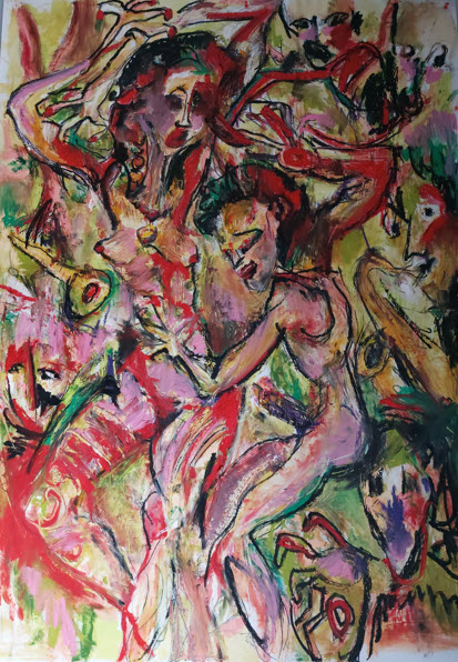 Large expressionist scene with dancing/jazz energy — intertwined figures, bold reds/greens/blacks; oil on A0 paper by Jérôme Selosse (Brussels).