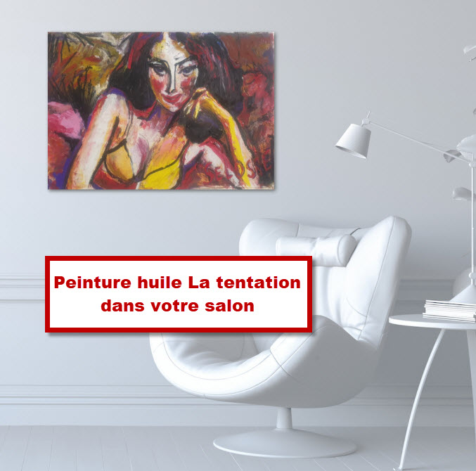 Mise en situation dans un salon : « La tentation », huile sur toile de Jérôme Selosse (Selosse Art, Bruxelles).