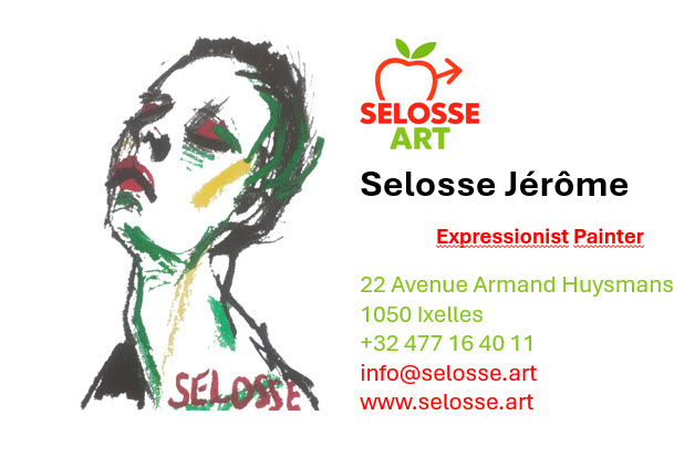 Selosse Art business card: Jérôme Selosse, Expressionist Painter in Brussels — logo, painted portrait, full contact details (Ixelles).