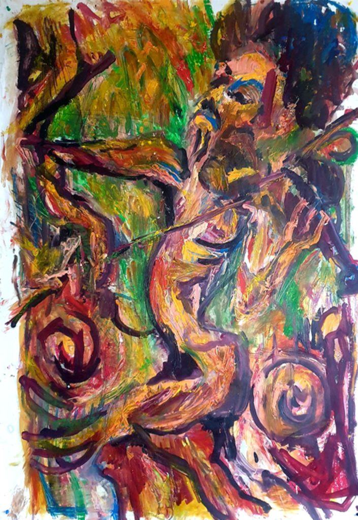 Art gallery Brussels — contemporary expressionist painting by Jérôme Selosse of an abstract violinist, vivid colours and strong black gestural lines.