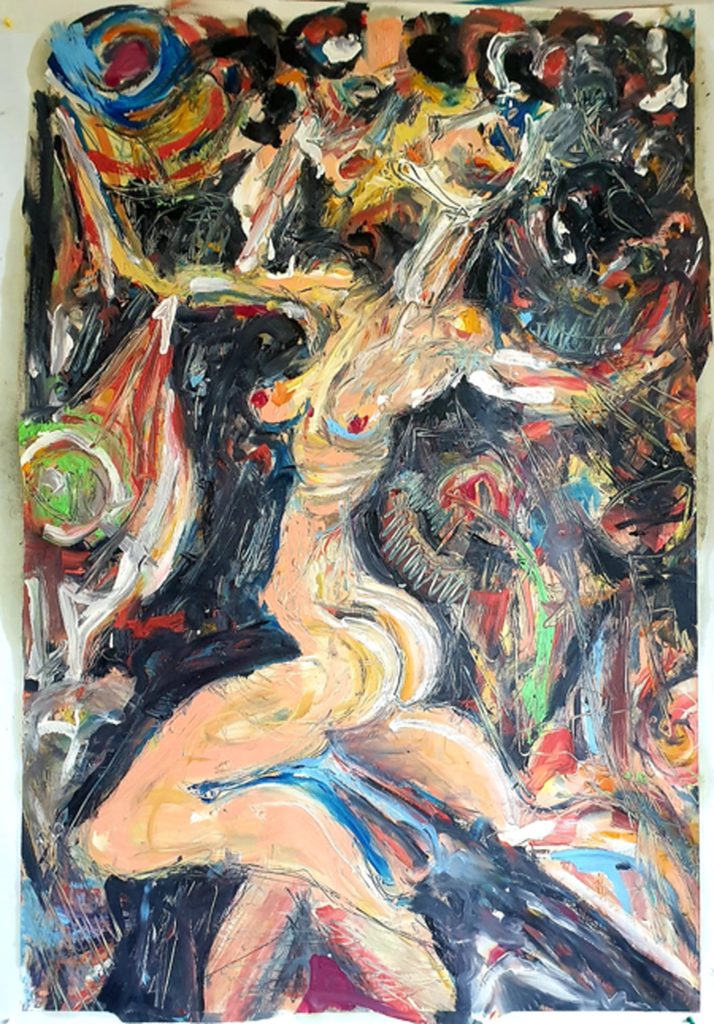 Art gallery Brussels — Dance Collection 2025: Jérôme Selosse expressionist painting of a nude dancer in motion, bold brushwork with dark background and vivid colour accents.