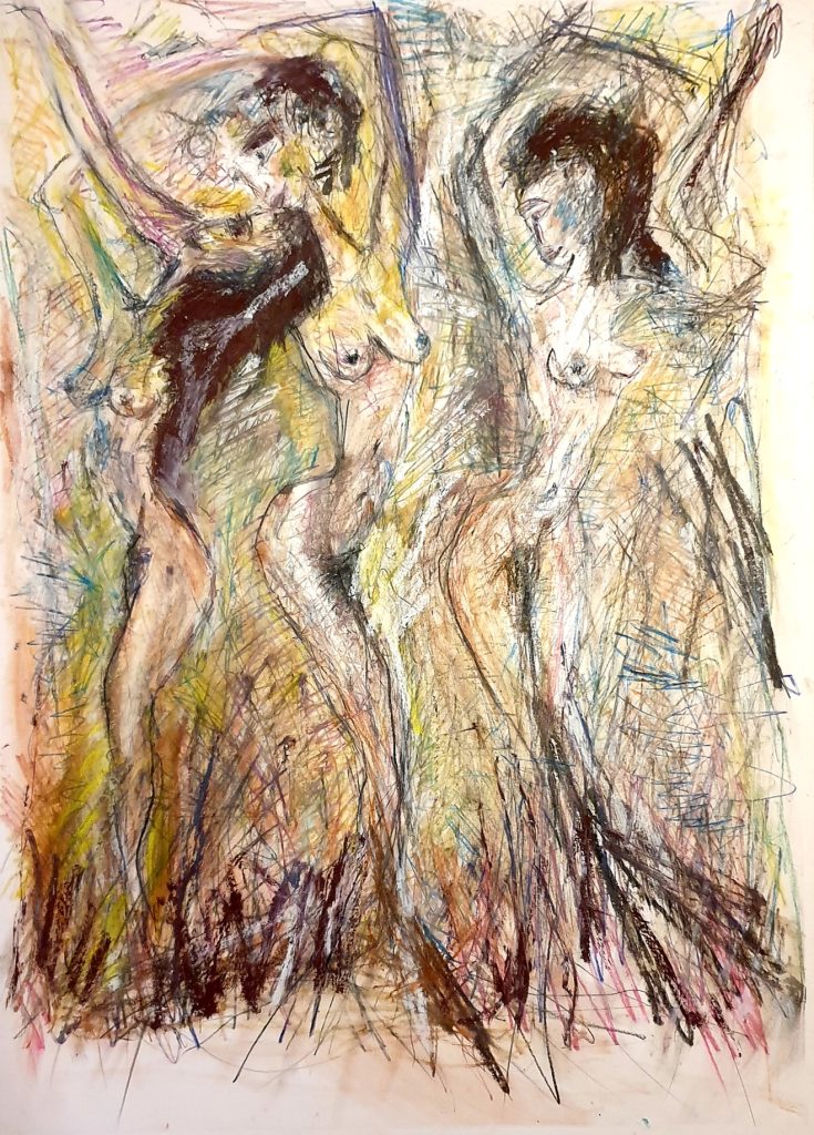 Galerie d’art à Bruxelles — collection Danse 2025 : Jérôme Selosse, deux nus dansant, dessin au pastel, geste expressif et mouvement.
