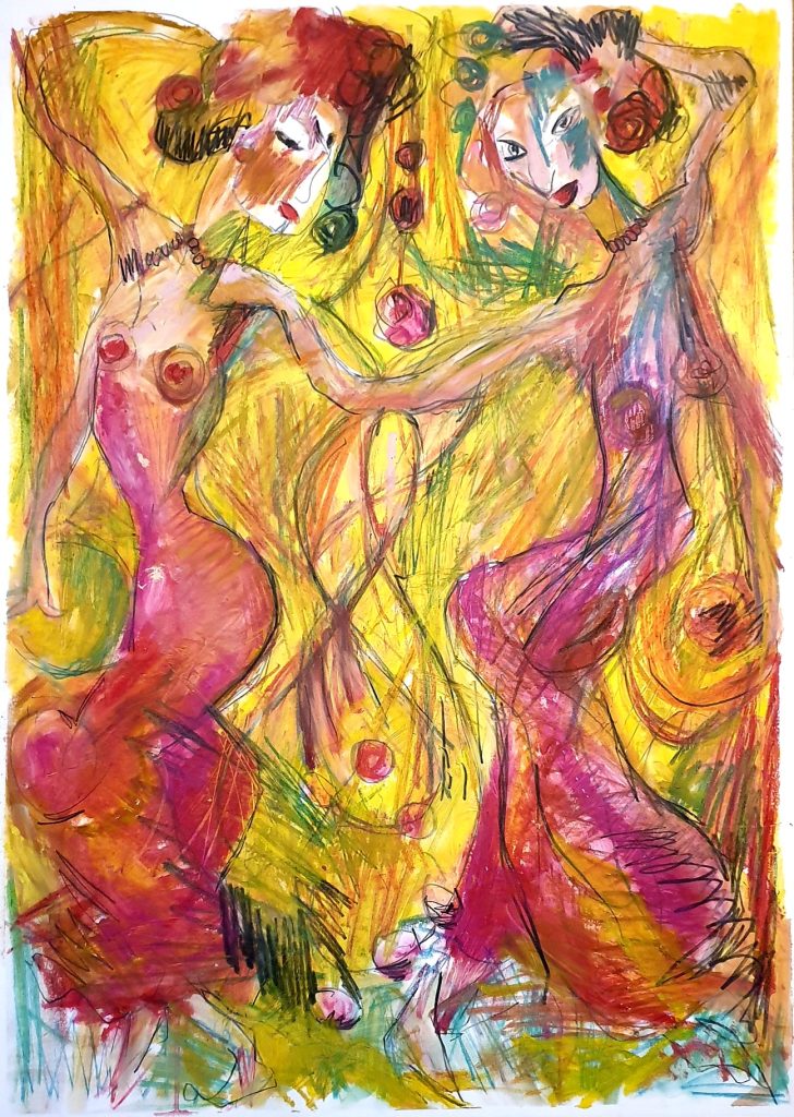 Galerie d’art à Bruxelles — collection Danse 2025 : Jérôme Selosse, duo de danse féminine, expressionnisme jaune et rose, deux figures élancées en mouvement.