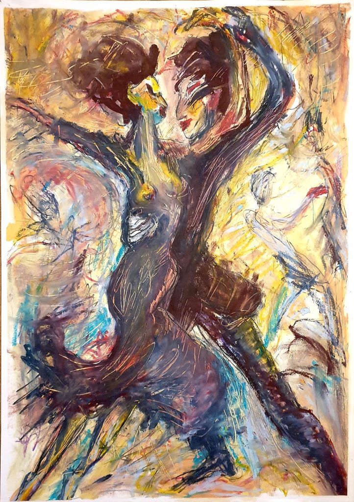 Galerie peinture à Bruxelles — collection Danse 2025 : Jérôme Selosse, danseuse fougueuse en mouvement, peinture expressionniste noir, bleu et or, geste vibrant.