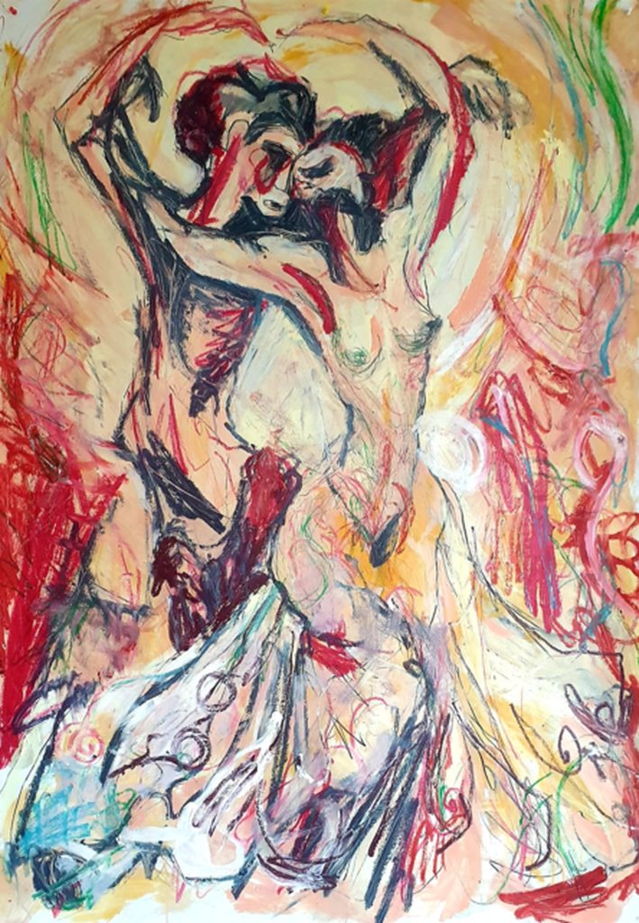 Art gallery Brussels — Dance Collection 2025: Jérôme Selosse abstract expressionist painting of a passionate dancing couple, intertwined bodies and vivid red gestures.