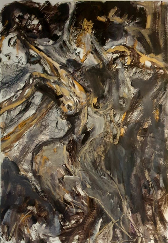 Art gallery Brussels — Dance Collection 2025: Jérôme Selosse ritual dance expressionist painting with intertwined figures in grey and gold, raw gestural movement.