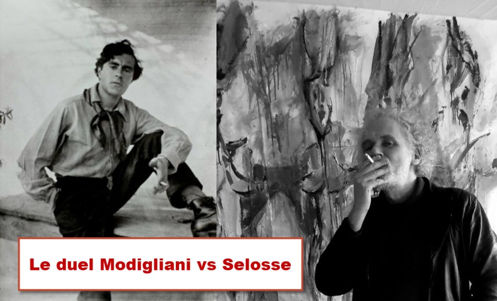 Portrait croisé d'Amedeo Modigliani et de l'artiste peintre Jérôme Selosse dans son atelier à Ixelles, illustrant un duel de styles entre classicisme moderne et expressionnisme vitaliste.