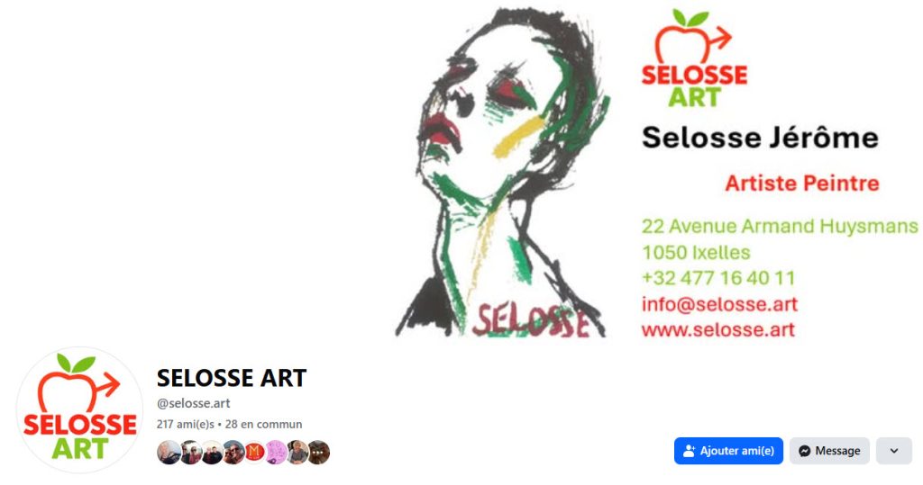 Bannière du profil Facebook Selosse Art. Jérôme Selosse, artiste peintre à Bruxelles (Ixelles), présentant ses coordonnées et un dessin expressionniste.
