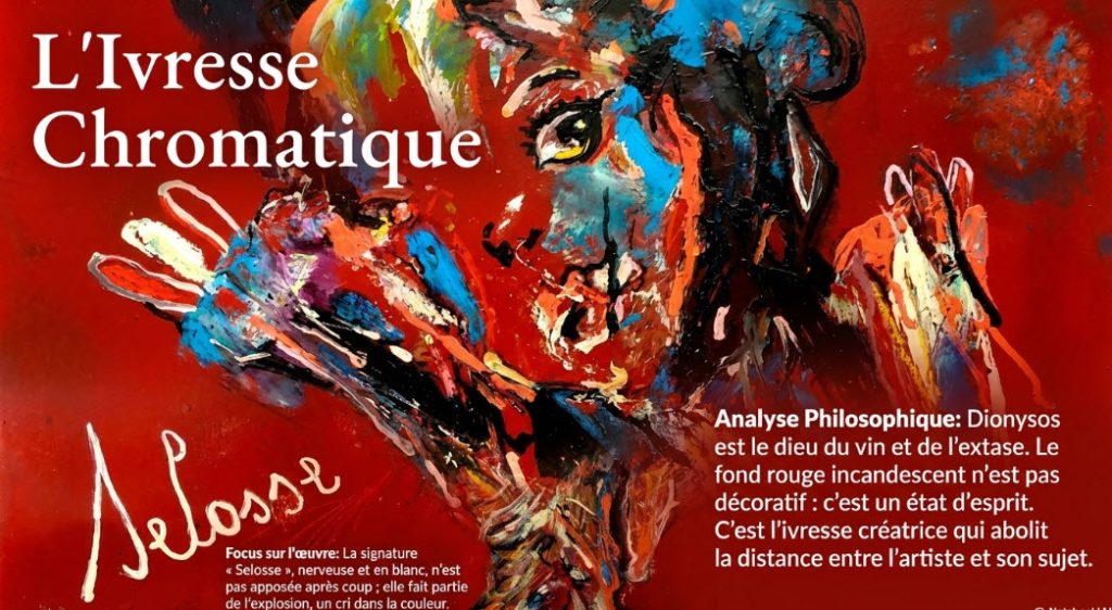 Peinture néo-expressionniste de Jérôme Selosse intitulée L'Ivresse Chromatique, illustrant la philosophie de Nietzsche sur le dionysiaque et l'instinct à Bruxelles.
