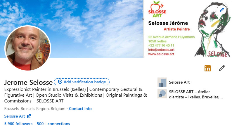 Profil LinkedIn de Jérôme Selosse, artiste peintre expressionniste à Bruxelles (Ixelles). Bannière avec coordonnées de l'atelier Selosse Art et dessin figuratif.