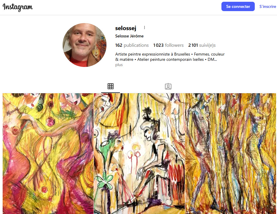 Photo de la page instagram de Jérôme Selosse. Plus présentation de 3 oeuvres collection dance bruxelles. Portrait de Jérôme Selosse — artiste peintre expressionniste basé à Ixelles, Bruxelles. Photo de l'artiste dans son atelier, visage souriant, style chaleureux