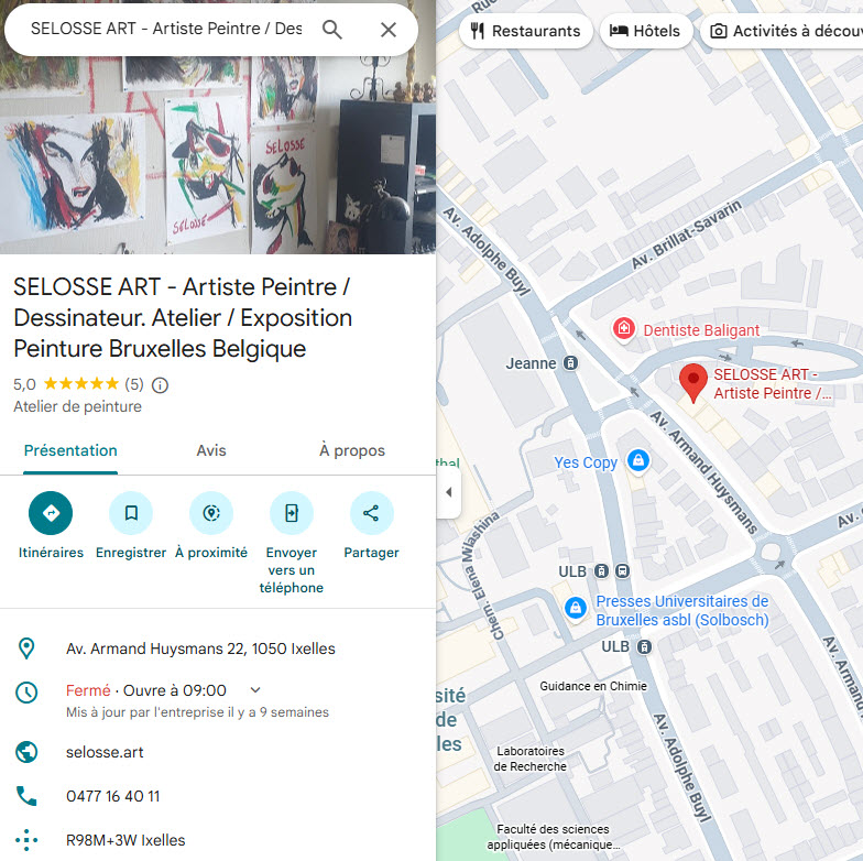 Carte et fiche Google business maps de Selosse Art. Atelier artiste peintre Jérôme Selosse Bruxelles