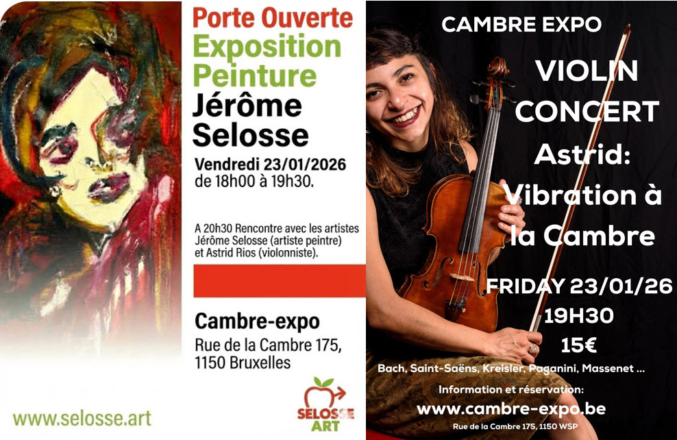 Affiche double annonçant l'exposition de peinture de Jérôme Selosse et le concert de violon d'Astrid Rios à Cambre-expo, Bruxelles