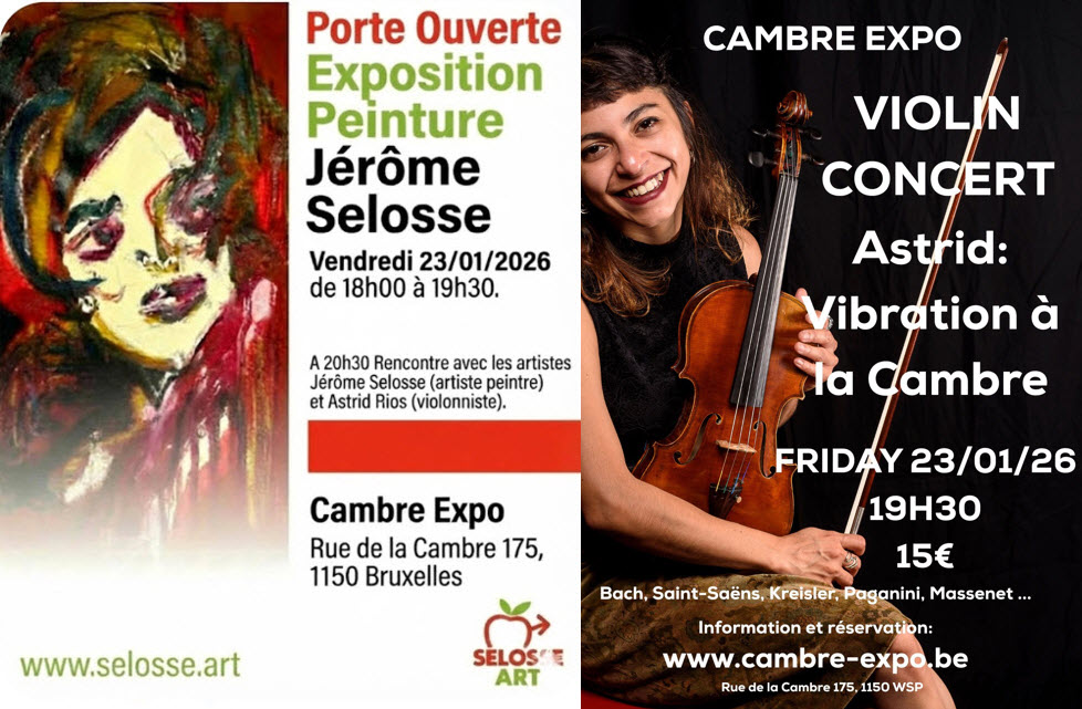 Affiche double annonçant l'exposition de peinture de Jérôme Selosse et le concert de violon d'Astrid Rios à Cambre-expo, Bruxelles