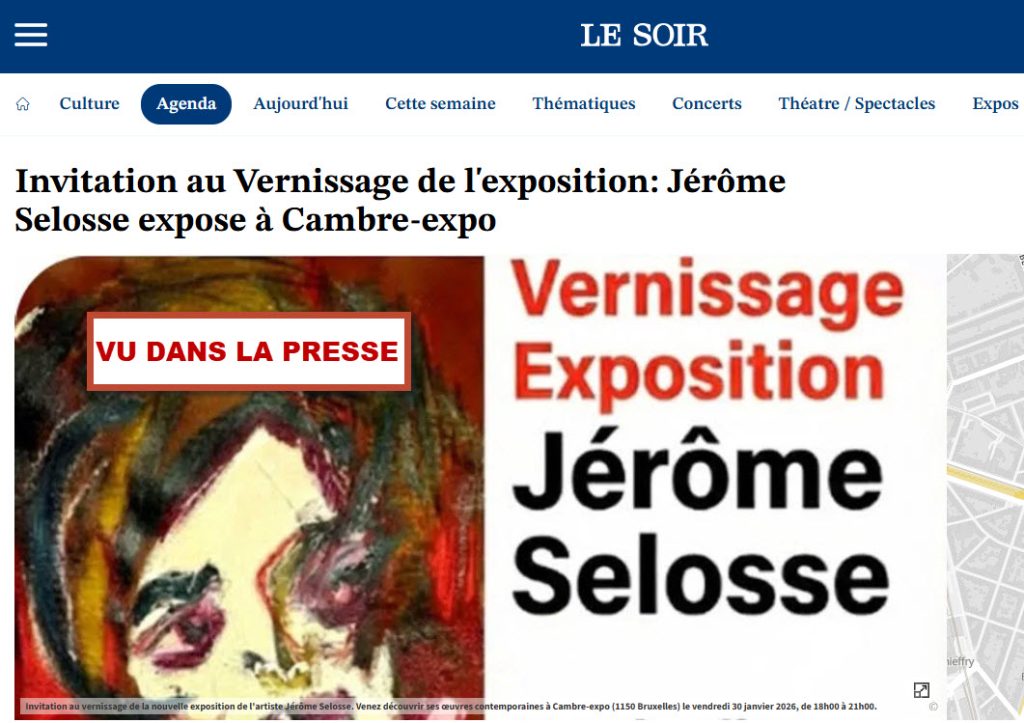 Article de l'agenda culturel du journal Le Soir annonçant l'exposition de peinture de Jérôme Selosse à Cambre Expo Bruxelles.