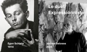 Comparaison artistique entre Egon Schiele (1914) et l'artiste expressionniste bruxellois Jérôme Selosse (2025) - Le Duel Expressionniste.