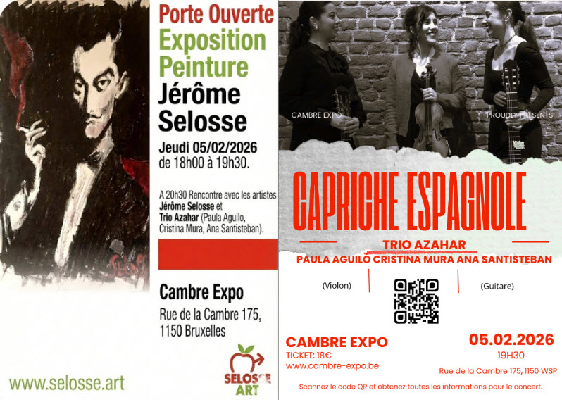 Affiche de l'exposition peinture Jérôme Selosse et du concert Capriche Espagnole par le Trio Azahar
