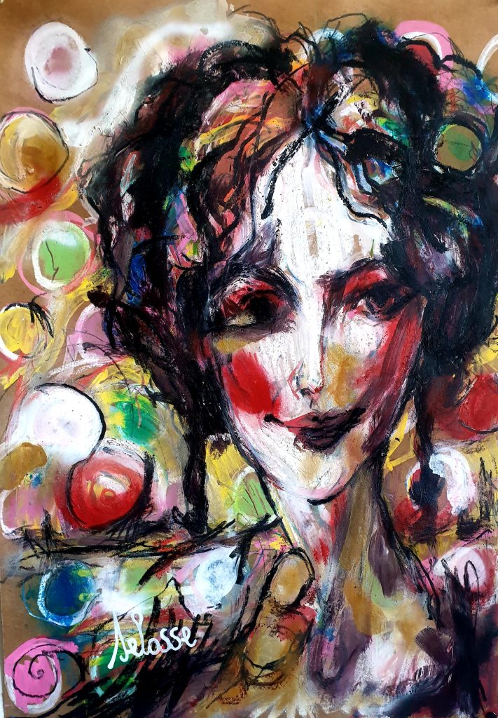 Portrait expressionniste de Yael avec des joues rouges et des motifs de bulles colorées en arrière-plan. Peinture sur papier kraft par l'artiste Jérôme Selosse à Bruxelles.