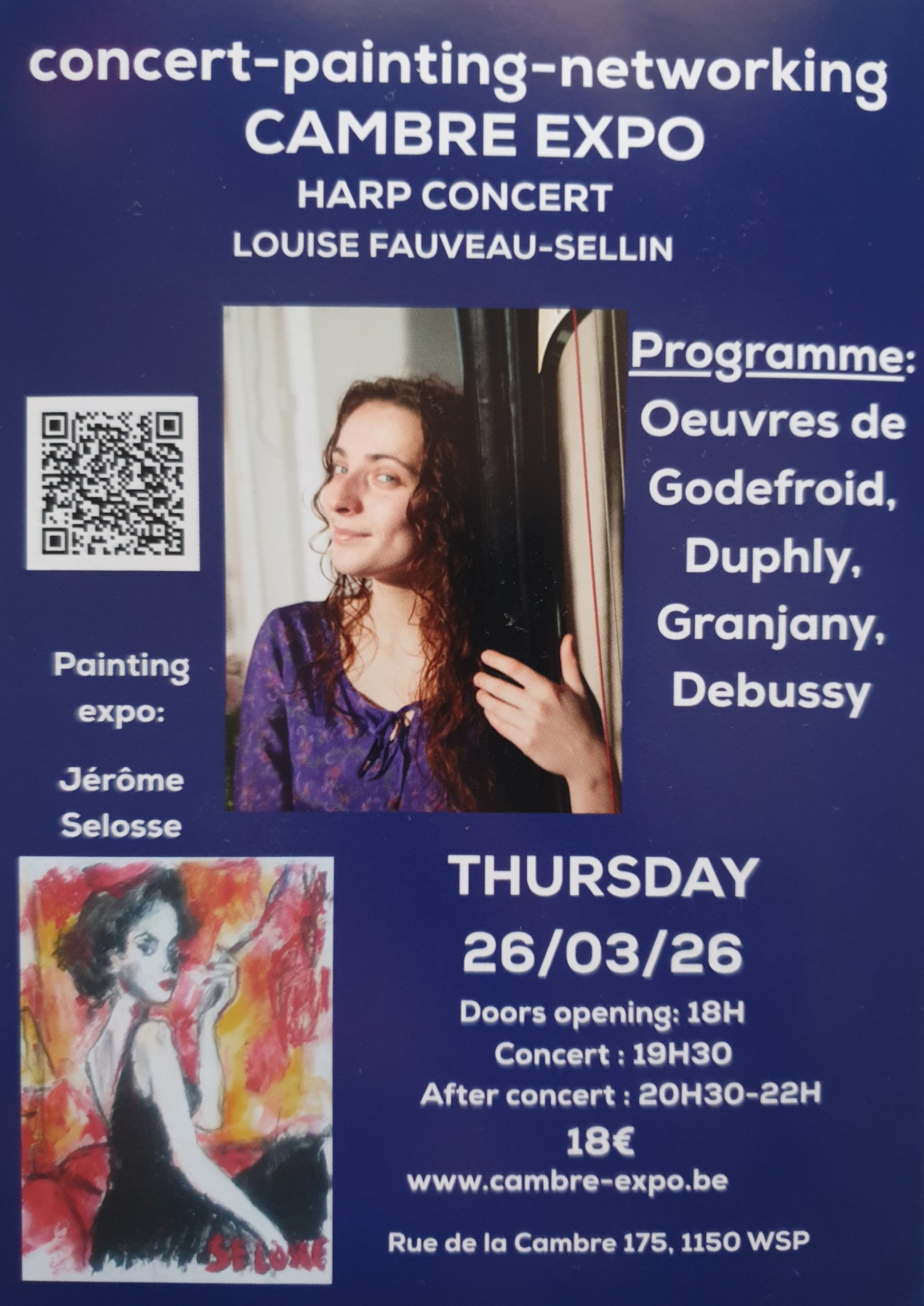 Affiche Concert Harpe Louise Fauveau-Sellin et Exposition Jérôme Selosse Bruxelles