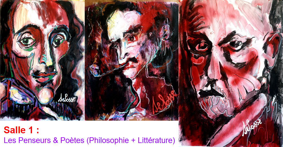 Triptyque de portraits expressionnistes : Spinoza, Baudelaire et Freud. Peintures en technique mixte de l'artiste Jérôme Selosse pour la Salle 1 de sa galerie à Bruxelles.