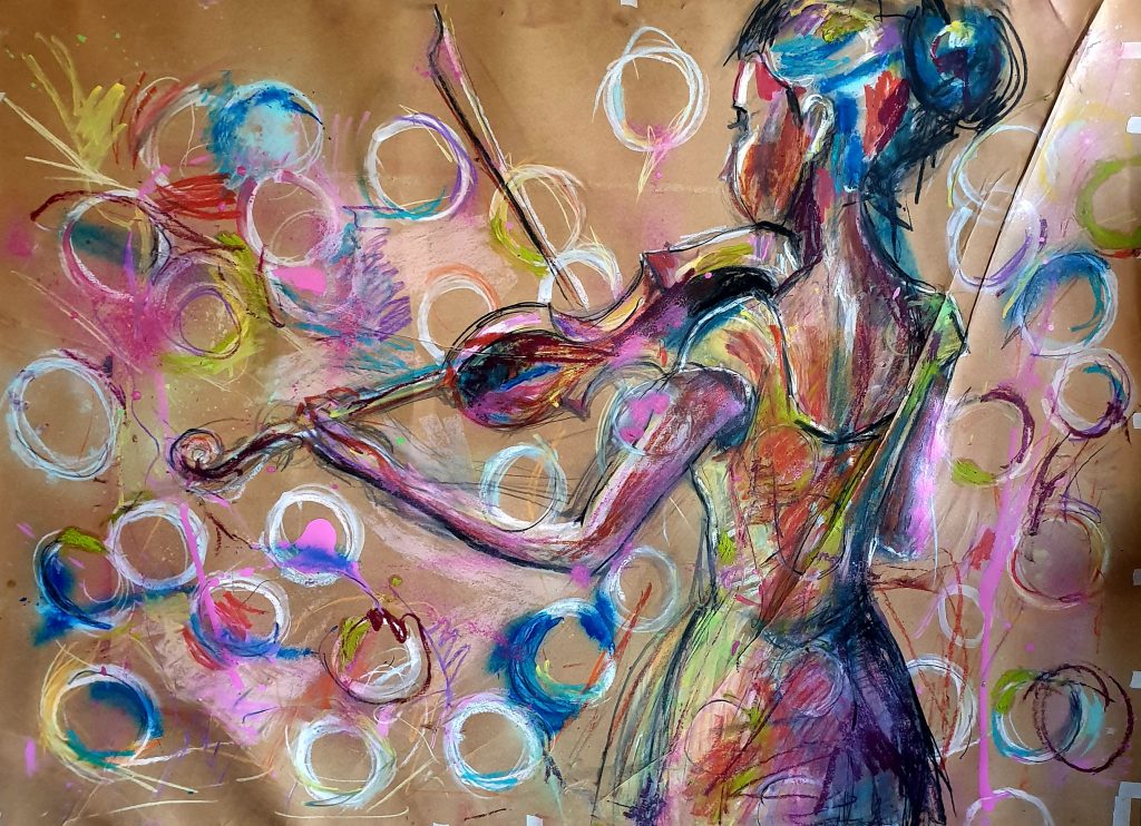Peinture contemporaine colorée d'une femme jouant du violon vue de dos. Technique mixte expressive avec des couleurs vibrantes et des cercles abstraits, par l'artiste Selosse.