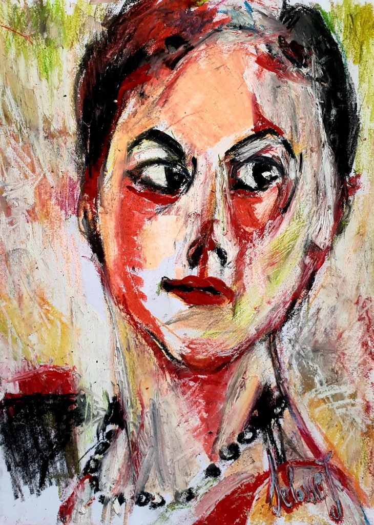 Portrait expressionniste de Coco Chanel avec un collier de perles. Peinture vibrante aux tons rouges, noirs et blancs, technique mixte réalisée par Jérôme Selosse à Bruxelles.