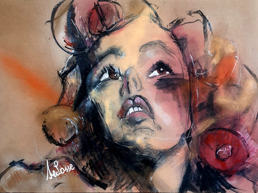 Portrait expressionniste inspiré par la musique de Parov Stelar (Falling Into Time). Dessin d'une femme en extase sur papier kraft, technique mixte par Jérôme Selosse à Bruxelles.