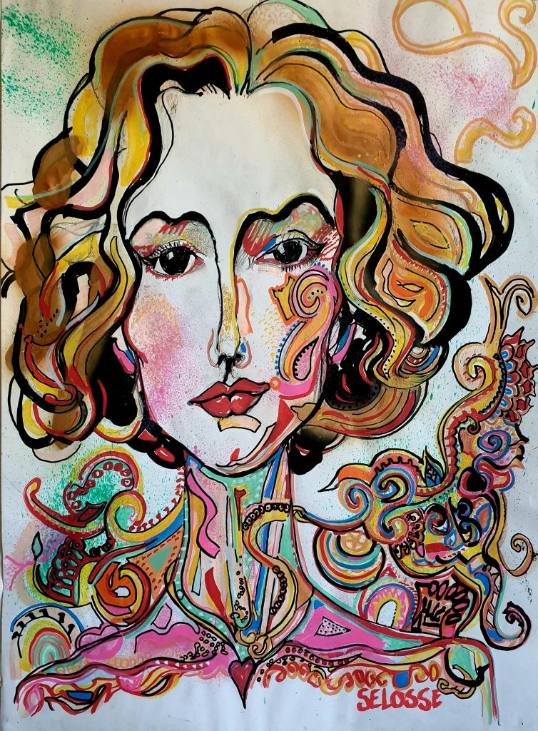 Portrait expressionniste coloré d'une femme nommée Samira, réalisé aux feutres Posca par Jérôme Selosse. Une œuvre contemporaine aux motifs vibrants en préparation pour une exposition à Bruxelles.