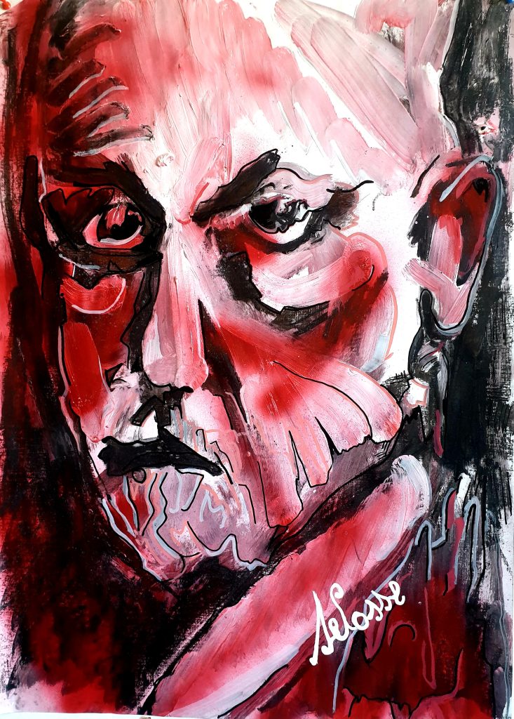 Peinture expressionniste du visage de Sigmund Freud dans des tons intenses de rouge et de noir. Portrait tourmenté réalisé en technique mixte (acrylique, bombe, posca, fusain) par l'artiste Jérôme Selosse pour une exposition à Bruxelles.
