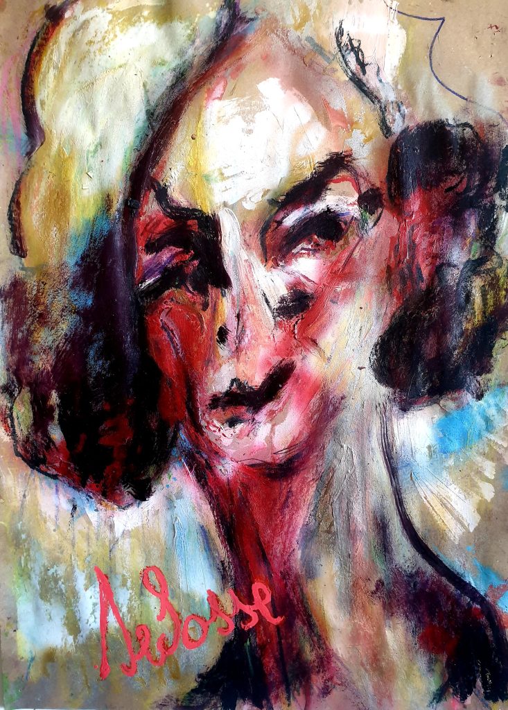 Portrait expressionniste de Greta Garbo sur papier kraft. Peinture intense aux tons rouges, noirs et blancs avec un regard énigmatique par l'artiste Jérôme Selosse à Bruxelles.