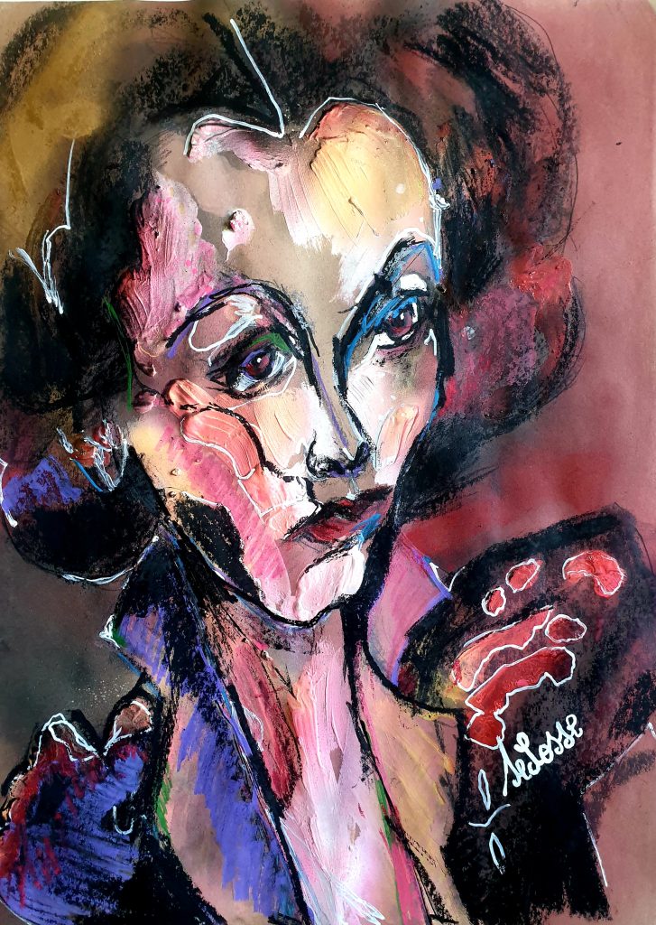 Portrait expressionniste de Hannah Arendt. Peinture texturée en technique mixte avec empâtements roses et blancs, regard intense et contrastes sombres. Par l'artiste Jérôme Selosse à Bruxelles.