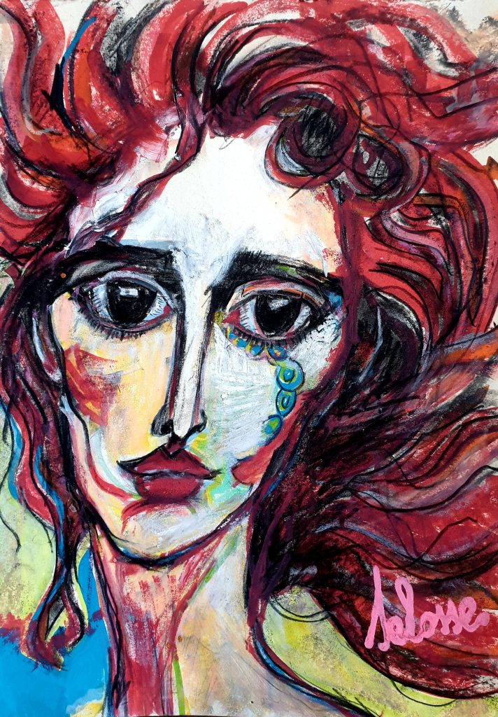 Portrait expressionniste d'Isadora Duncan aux cheveux rouges flamboyants et à la larme bleue graphique. Peinture vibrante réalisée en technique mixte par Jérôme Selosse à Bruxelles.