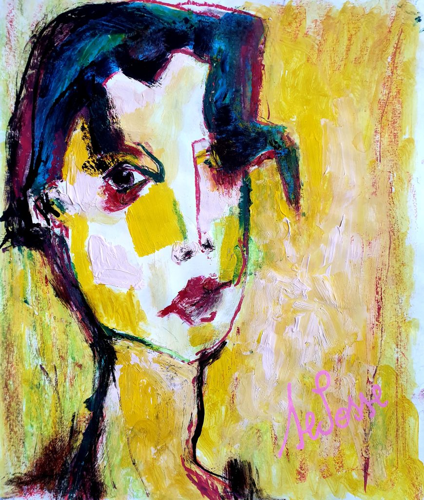 Portrait expressionniste de Kiki de Montparnasse avec empâtements blancs et fond jaune lumineux. Peinture contemporaine en technique mixte par Jérôme Selosse à Bruxelles.