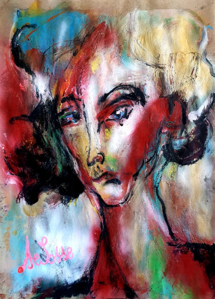 Portrait expressionniste mélancolique de Marilyn Monroe aux cheveux blonds et robe rouge. Peinture en technique mixte par l'artiste Jérôme Selosse à Bruxelles.